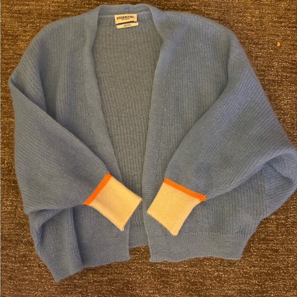 Essentials Women's Blue Cardigan with Orange and Cream Cuffs